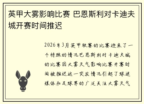 英甲大雾影响比赛 巴恩斯利对卡迪夫城开赛时间推迟